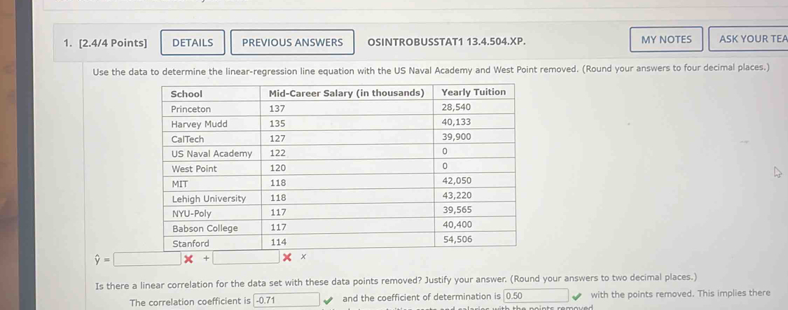 DETAILS PREVIOUS ANSWERS OSINTROBUSSTAT1 13.4.504.XP. MY NOTES ASK YOUR TEA
Use the data to determine the linear-regression line equation with the US Naval Academy and West Point removed. (Round your answers to four decimal places.)
Is there a linear correlation for the data set with these data points removed? Justify your answer. (Round your answers to two decimal places.)
The correlation coefficient is -0.71 and the coefficient of determination is 0.50 with the points removed. This implies there