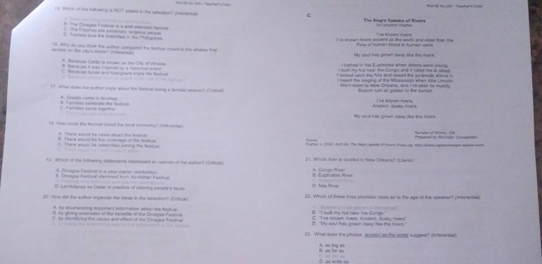 Ml M0 f 26 - Teacher's Copy Phl-ll für 2e5 - Twustee's Cope
tt. Which of the folkowing is NOT stated in the ealiection? (Inferanital)
C
The Nagro Speaks of Rivers tp Langstón Ruções
l1. The Coagea Fnctival is a well-attenced festival I've known rvers.
C. The Filsanos are extremely ralgious people
(). Toursts lave the tessivities in thie Phillppires. i've known rivers oncient as the world and older than the
Flow of human blood in human veins
1. Why do you think the auther compared the tesiival crowd so the whales the
santies on the city's shom? Unferenital My cout has grwm dep lka the rvers
A. Becaute Cadic is known as the City of Whisies I bathed in the Euphrales when downs were young.
D. Recause it was inspied by a hatonical event I built my hut nea! the Gongo and if Julled me to sleep.
C. Bectuse locars and foreigners enjpy the festival t looked upon the Nile and raised the pyrsmids above it
I heant the snging of the Micsissoni when Añe Lnnstn 
Wart down to Niew Onsans, and I've saen its muddy
17. Wha does the author imply about the fastival being a familial season? (Erttical) Bosom tur all golden in the sunset
A. Gueats come in families I've known nivers.
II. Families celeboale the featival Ancient, dusky rivers
C. Famolas come togéther
My sout has grown deep like the rivers
18. How could the featival boost the local economy? (Inferental
A Thare would he news sbout the feetival Number of Worsl 10d
B. There would be live noveress of the festiva: Prpareid by Pochelyn Cosstanties
C. There woulc be selebrities joining the fessival Highes 1. 2020. Art 208. The Nagis speses of Mers Posa ay nepaipuers orpbremitages spaartvers
21. Which rver is located in New Orteans? (Lilleral)
18 Which of the following statements cxprresed as opinion of the author? (Critical) A. Congo River
A. Dinagss Featival is a year-starter celebration B. Euphrates River
B. Dinagas Fesiival stemmed from Ab-Allhan Festival
D Lamhitanay se Daian is practice of staining people's faces D. Nila River
25 How did the author organuze the sleas in the selection? (Critical) 22. Which of these lines provides clues as to the age of the speaker? (Inferential)
A. by enumerating important information about the festival B. "I buillt my hut near the Congo.
( by giving examoles of the tiensfits of the Clinagsa Festiva
C. by istentifying the causs and effect of the Dinagsa Festival C. "I've known rivers; Ancient, dusky rivers"
aeo te avere d wad to t e cnte n o  c e las he O "My soul has grown dsep like the rivers.
23. What does the phiase, ancien as the world suggest? (inferential)
A. as big as
B. as far as
D. as wids as