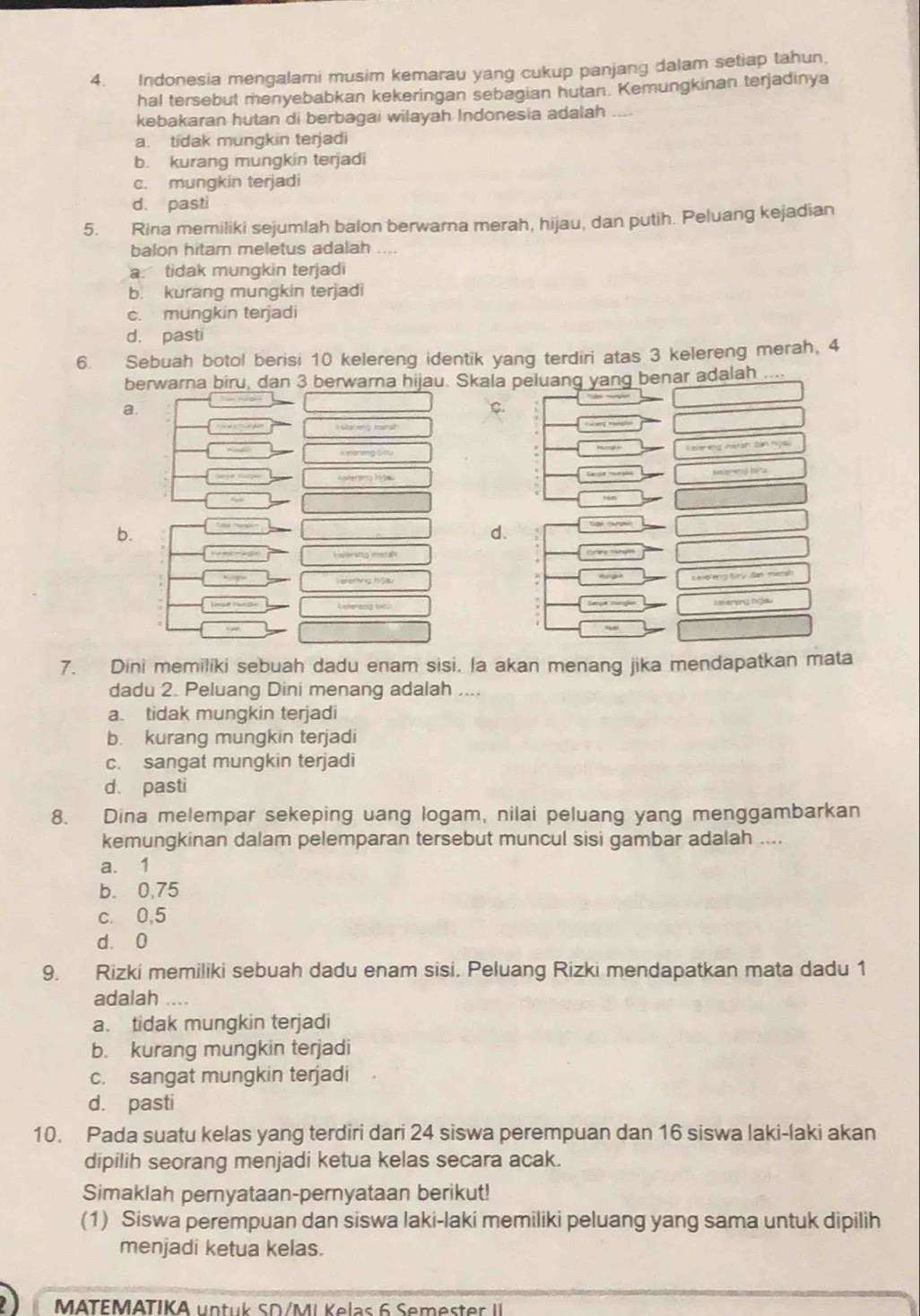 Indonesia mengalami musim kemarau yang cukup panjang dalam setiap tahun,
hal tersebut menyebabkan kekeringan sebagian hutan. Kemungkinan terjadinya
kebakaran hutan di berbagai wilayah Indonesia adalah
a. tidak mungkin terjadi
b. kurang mungkin terjadi
c. mungkin terjadi
d. pasti
5. Rina memiliki sejumlah balon berwarna merah, hijau, dan putih. Peluang kejadian
balon hitam meletus adalah
a tidak mungkin terjadi
b. kurang mungkin terjadi
c. mungkin terjadi
d. pasti
6. Sebuah botol berisi 10 kelereng identik yang terdiri atas 3 kelereng merah, 4
berwarna biru, dan 3 berwarna hijau. Skala peluang yang benar adalah ....
a.
C.
M
=  vg 
Lede munção herwg ka
b.
d.
== -===
C ng =  g 
sung 
Seça sangío   e éneng h
“”
7. Dini memiliki sebuah dadu enam sisi. la akan menang jika mendapatkan mata
dadu 2. Peluang Dini menang adalah ....
a. tidak mungkin terjadi
b. kurang mungkin terjadi
c. sangat mungkin terjadi
d. pasti
8. Dina melempar sekeping uang logam, nilai peluang yang menggambarkan
kemungkinan dalam pelemparan tersebut muncul sisi gambar adalah ....
a. 1
b. 0,75
c. 0,5
d. 0
9. Rizki memiliki sebuah dadu enam sisi. Peluang Rizki mendapatkan mata dadu 1
adalah ....
a. tidak mungkin terjadi
b. kurang mungkin terjadi
c. sangat mungkin terjadi
d. pasti
10. Pada suatu kelas yang terdiri dari 24 siswa perempuan dan 16 siswa laki-laki akan
dipilih seorang menjadi ketua kelas secara acak.
Simaklah pernyataan-pernyataan berikut!
(1) Siswa perempuan dan siswa laki-laki memiliki peluang yang sama untuk dipilih
menjadi ketua kelas.
MATEMATIKA untuk SD/MI Kelas 6 Semester II