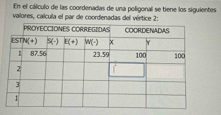 En el cálculo de las coordenadas de una poligonal se tiene los siguientes
valores, calcula el par de coordenadas del vértice 2: