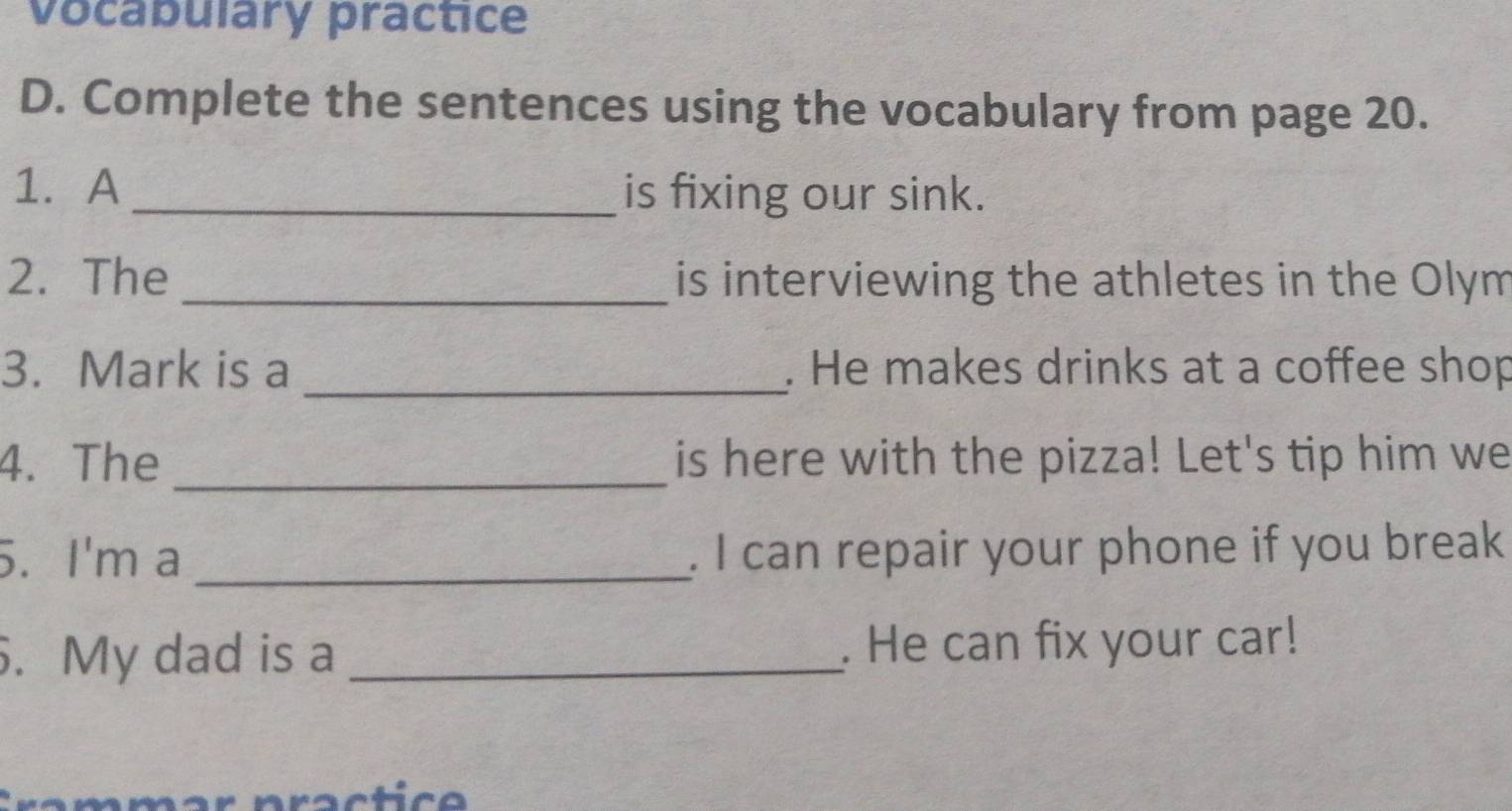 vocabulary practice 
D. Complete the sentences using the vocabulary from page 20. 
1. A_ is fixing our sink. 
2. The _is interviewing the athletes in the Olym 
3. Mark is a _. He makes drinks at a coffee shop 
4. The_ is here with the pizza! Let's tip him we 
5. I'm a _. I can repair your phone if you break 
. My dad is a _. He can fix your car!