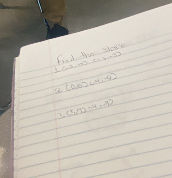 find the slope
1(-2,-4)(-3,-3)
2.(0,0)(-4,-6)
3. (5,7)-4,-9)