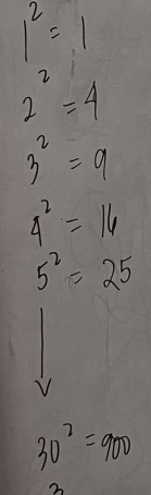 1^2=1
2^2=4
3^2=9
4^2=16
5^2=25
V
30^2=900
3