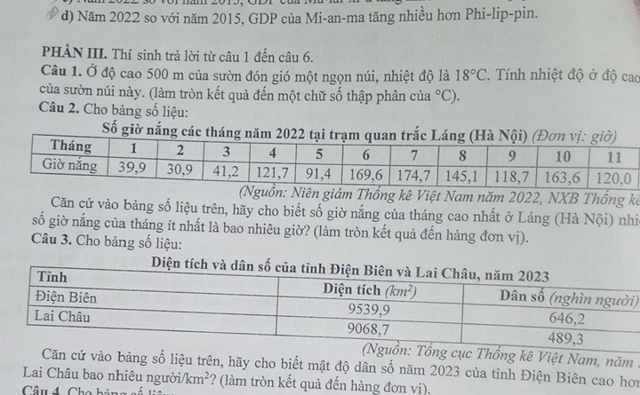 Năm 2022 so với năm 2015, GDP của Mi-an-ma tăng nhiều hơn Phi-lip-pin.
PHÀN III. Thí sinh trả lời từ câu 1 đến câu 6.
Câu 1. Ở độ cao 500 m của sườn đón gió một ngọn núi, nhiệt độ là 18°C. Tính nhiệt độ ở độ cao
của sườn núi này. (làm tròn kết quả đến một chữ số thập phân của°C).
Câu 2. Cho bảng số liệu:
Số giờ nắng các tháng năm 2022 tại trạm quan trắc Láng (Hà Nội
n giám Thống kê Việt Nam năm 2022, NXB Thống kê
Căn cứ vào bảng số liệu trên, hãy cho biết số giờ nắng của tháng cao nhất ở Láng (Hà Nội) nhì
số giờ nắng của tháng ít nhất là bao nhiêu giờ? (làm tròn kết quả đến hàng đơn vị).
Câu 3. Cho bảng số liệu:
)
g kê Việt Nam, năm .
vào bảng số liệu trên, hãy cho biết mật độ dân số năm 2023 của tỉnh Điện Biên cao hơn
Lai Châu bao nhiêu người/ km^2 ? (làm tròn kết quả đến hàng đơn vị).
Câu 4 Cho h