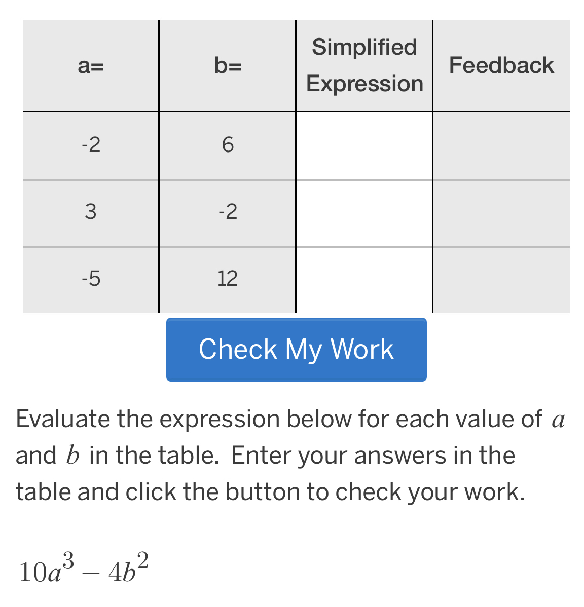 Check My Work
Evaluate the expression below for each value of α
and b in the table. Enter your answers in the
table and click the button to check your work.
10a^3-4b^2