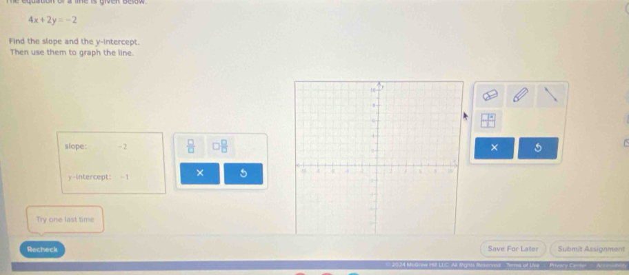 4x+2y=-2
Find the slope and the y-intercept. 
Then use them to graph the line. 
slope: - 2  □ /□   □  □ /□  
× 5
y-intercept: -1 × 
Try one last time 
Recheck Save For Later Submit Assignment 
* 2024 McGraw Hill LLC. All fights Reserved Terms of Use Privary Center Acressner