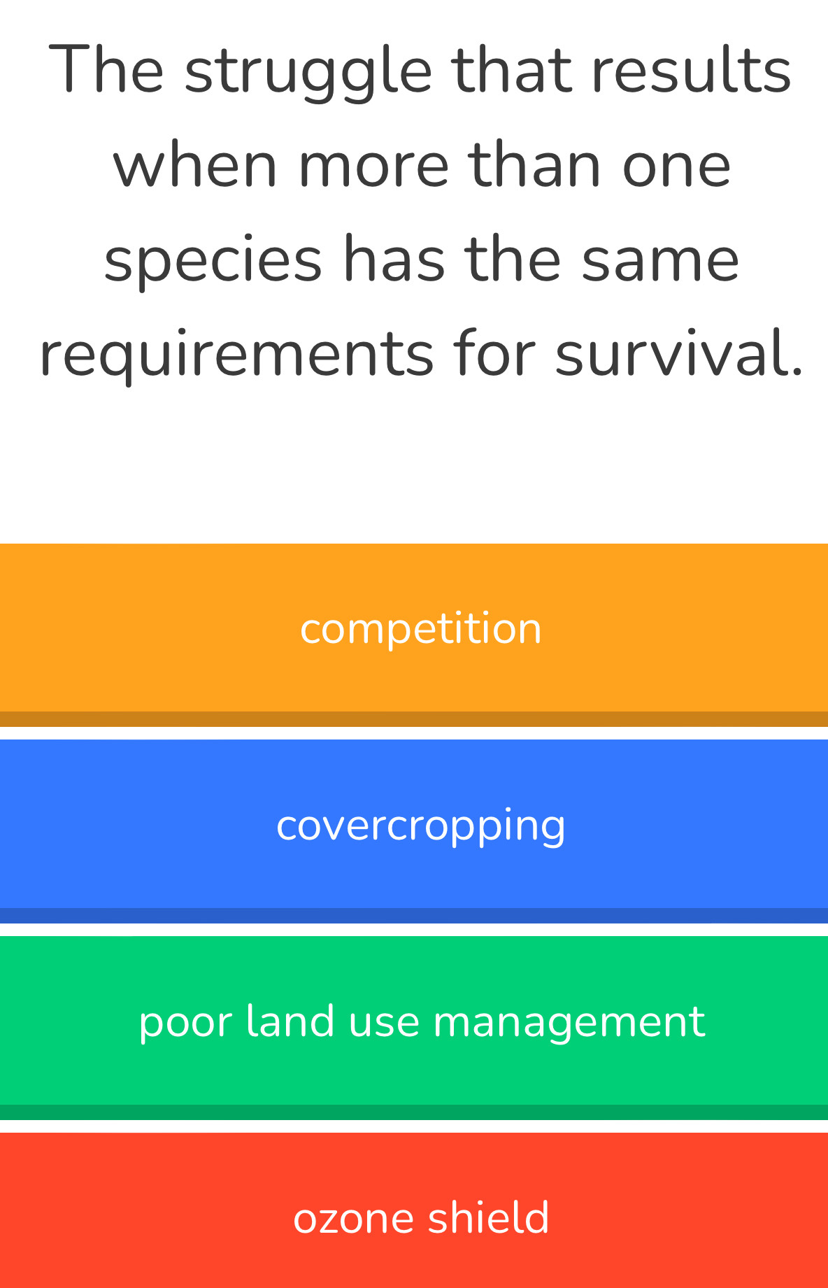 The struggle that results
when more than one
species has the same
requirements for survival.
competition
covercropping
poor land use management
ozone shield