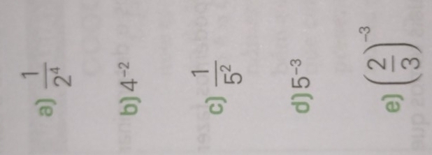 a)  1/2^4 
b) 4^(-2)
c)  1/5^2 
d) 5^(-3)
e) ( 2/3 )^-3