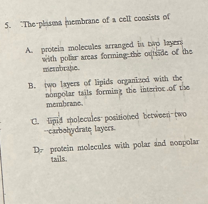 The-plasma membrane of a cell consists of
A. protein molecules arranged in two layers
with polar areas forming the outside of the
membraje.
B. two layers of lipids organized with the
nonpolar tails forming the interior of the
membrane.
C. lipid molecules positioned between two
--carbohydrate layers.
D. protein molecules with polar and nonpolar
tails.