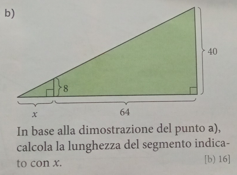 In base alla dimostrazione del punto a), 
calcola la lunghezza del segmento indica- 
to con x. 
[b) 16]