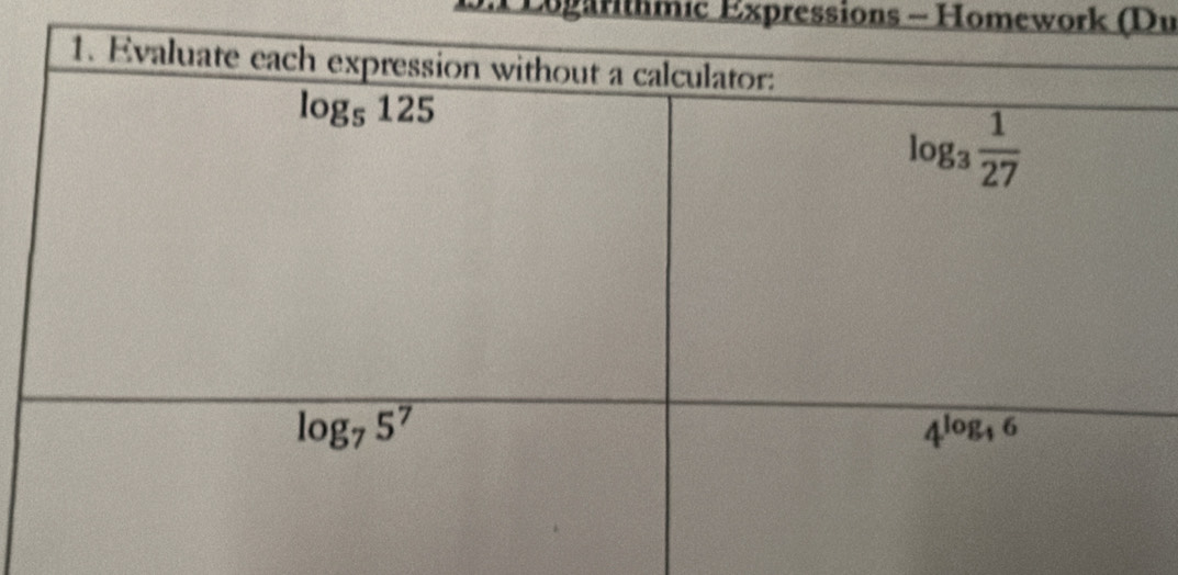 Logarithmic Expressions - Homework (Du