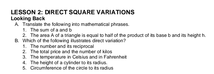 Solved: LESSON 2: DIRECT SQUARE VARIATIONS Looking Back A. Translate ...
