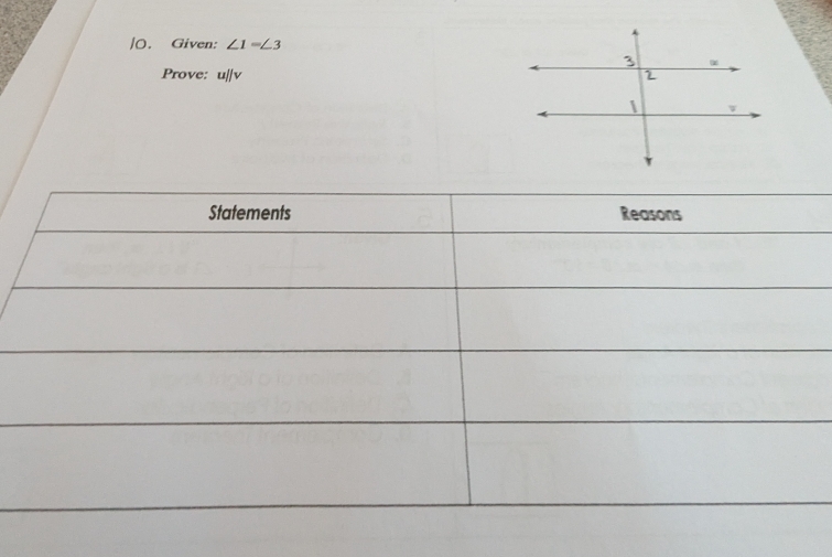 Given: ∠ 1=∠ 3
Prove: uparallel v