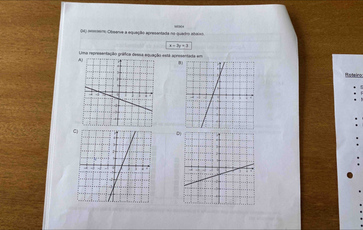 M0904 
04) (мo038978) Observe a equação apresentada no quadro abaixo.
x-3y=3
Uma representação gráfica dessa equação está apresentada em 
A 
B) 
Roteiro 

D)