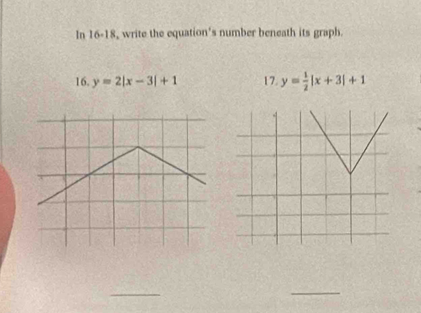 In 16-18, write the equation's number beneath its graph.
16. y=2|x-3|+1 17. y= 1/2 |x+3|+1
_
_