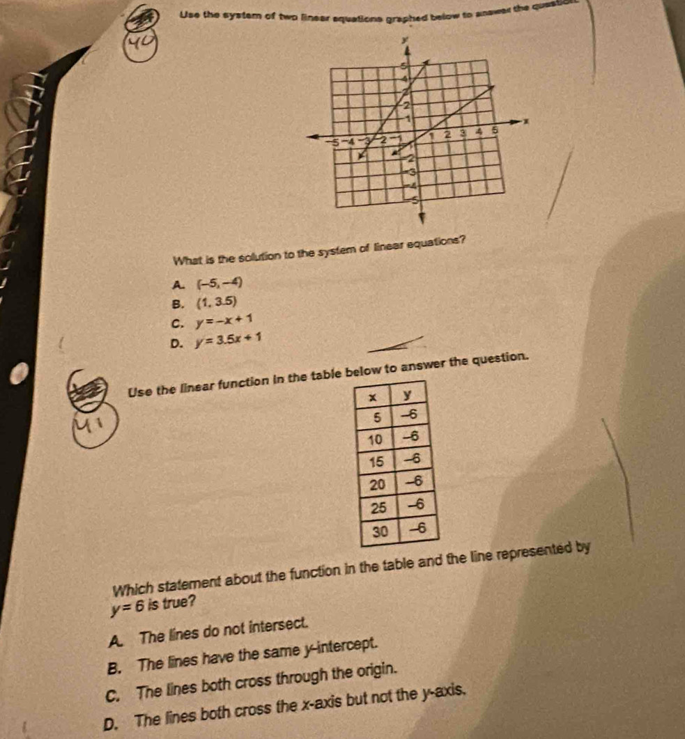 Use the systern of two linear equations graphed below to answer the question
What is the solution to the system of linear equations?
A. (-5,-4)
B. (1,3.5)
C. y=-x+1
D. y=3.5x+1
Use the linear function in the table below to answer the question.

Which statement about the function in the table and the line represented by
y=6 is true?
A. The lines do not intersect.
B. The lines have the same y-intercept.
C. The lines both cross through the origin.
D. The lines both cross the x-axis but not the y-axis.