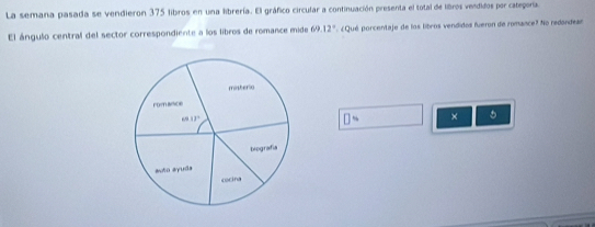 La semana pasada se vendieron 375 libros en una librería. El gráfico circular a continuación presenta el total de libros veididos por cateporía 
El ángulo central del sector correspondiente a los libros de romance mide 69. 12°. ¿Qué porcentaje de los libros vendidos fueron de romance? No redondeas 
□ = × 5