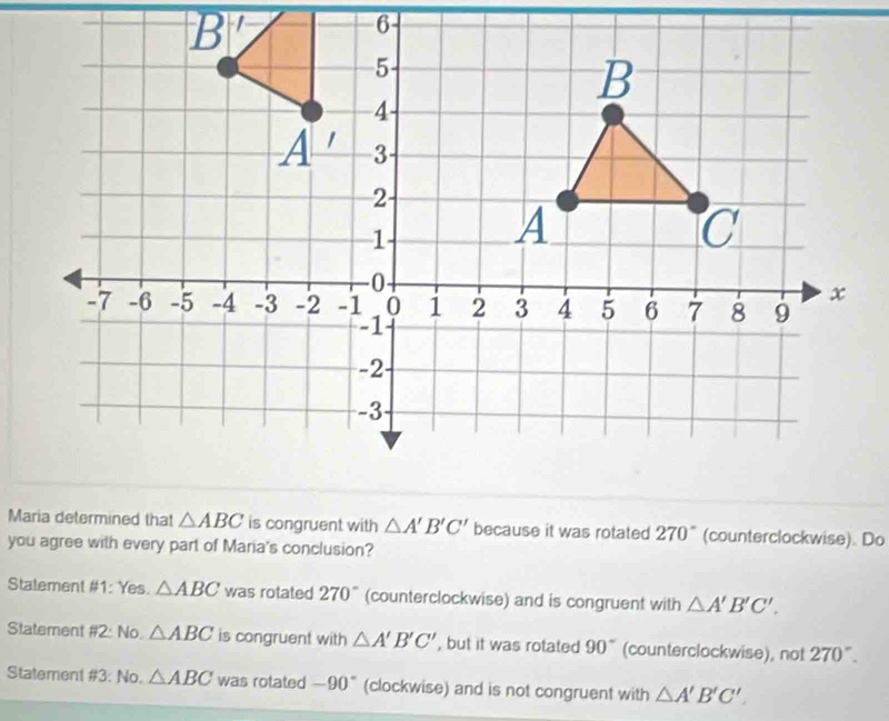 Maria determined that △ ABC is congruent with △ A'B'C' because it was rotated 270° (counterclockwise). Do
you agree with every part of Maria's conclusion?
Statement # 1 : Yes. △ ABC was rotated 270° (counterclockwise) and is congruent with △ A'B'C'.
Statement # 2 No. △ ABC is congruent with △ A'B'C' , but it was rotated 90° (counterclockwise), not 270°.
Statement #3: No. △ ABC was rotated -90° (clockwise) and is not congruent with △ A'B'C'.