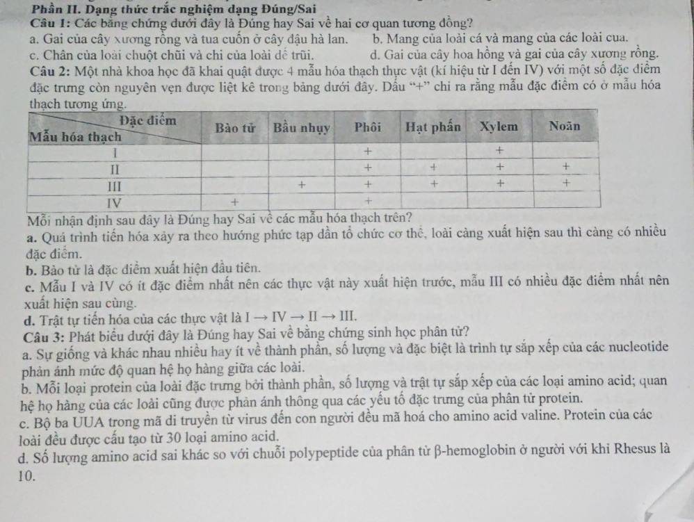 Phần II. Dạng thức trắc nghiệm dạng Đúng/Sai
Câu 1: Các bằng chứng dưới đây là Đủng hay Sai về hai cơ quan tương đồng?
a. Gai của cây xương rồng và tua cuốn ở cây đậu hà lan. b. Mang của loài cá và mang của các loài cua.
c. Chân của loài chuột chũi và chi của loài dế trũi. d. Gai của cây hoa hồng và gai của cây xương rồng.
Câu 2: Một nhà khoa học đã khai quật được 4 mẫu hóa thạch thực vật (kí hiệu từ I đến IV) với một số đặc điểm
đặc trưng còn nguyên vẹn được liệt kê trong bảng dưới đây. Dấu “+” chi ra rằng mẫu đặc điểm có ở mẫu hóa
Mỗi nhận định sau dây là Đúng hay Sai về các
a. Quá trình tiến hóa xảy ra theo hướng phức tạp dần tổ chức cơ thể, loài càng xuất hiện sau thì càng có nhiều
đặc điểm.
b. Bào tử là đặc điểm xuất hiện đầu tiên.
c. Mẫu I và IV có ít đặc điểm nhất nên các thực vật này xuất hiện trước, mẫu III có nhiều đặc điểm nhất nên
xuất hiện sau cùng.
d. Trật tự tiến hóa của các thực vật là I → IV → II → III.
Câu 3: Phát biểu dưới đây là Đúng hay Sai về bằng chứng sinh học phân tử?
a. Sự giống và khác nhau nhiều hay ít về thành phần, số lượng và đặc biệt là trình tự sắp xếp của các nucleotide
phàn ánh mức độ quan hệ họ hàng giữa các loài.
b. Mỗi loại protein của loài đặc trưng bởi thành phần, số lượng và trật tự sắp xếp của các loại amino acid; quan
hệ họ hàng của các loài cũng được phản ánh thông qua các yếu tố đặc trưng của phân tử protein.
c. Bộ ba UUA trong mã di truyền từ virus đến con người đều mã hoá cho amino acid valine. Protein của các
loài đều được cấu tạo từ 30 loại amino acid.
d. Số lượng amino acid sai khác so với chuỗi polypeptide của phân từ β-hemoglobin ở người với khi Rhesus là
10.