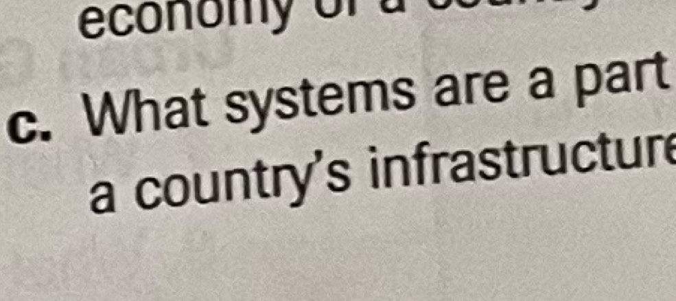 economy or a 
c. What systems are a part 
a country's infrastructur