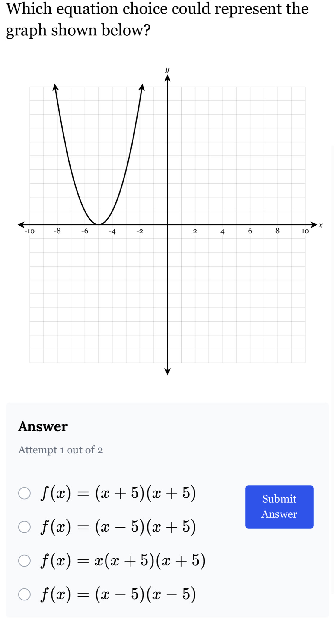 Solved: Which equation choice could represent the graph shown below? y ...