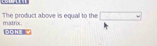 COMPLETE 
The product above is equal to the □ 
matrix. 
DONE