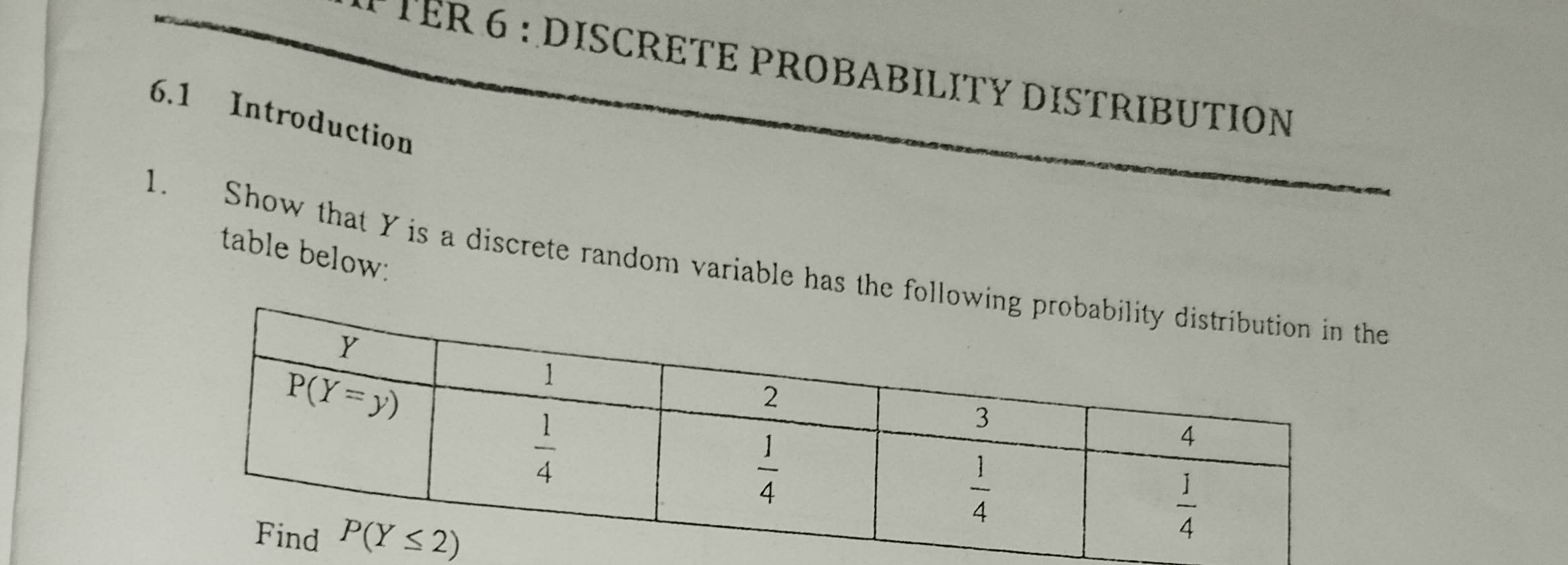 TÉR 6 : DISCRETE PROBABILITY DISTRIBUTION
6.1 Introduction
table below:
1. Show that Y is a discrete random variable has the follo