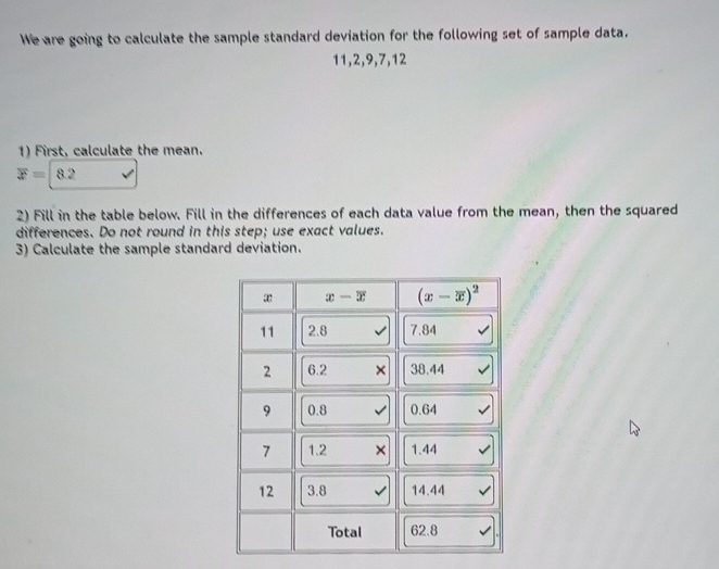 We are going to calculate the sample standard deviation for the following set of sample data.
11,2,9,7,12
1) First, calculate the mean.
overline x= 8.2
2) Fill in the table below. Fill in the differences of each data value from the mean, then the squared
differences. Do not round in this step; use exact values.
3) Calculate the sample standard deviation.