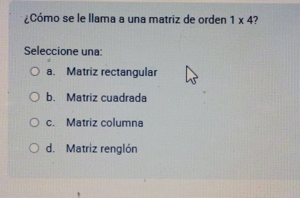 ¿Cómo se le llama a una matriz de orden 1* 4 2
Seleccione una:
a. Matriz rectangular
b. Matriz cuadrada
c. Matriz columna
d. Matriz renglón