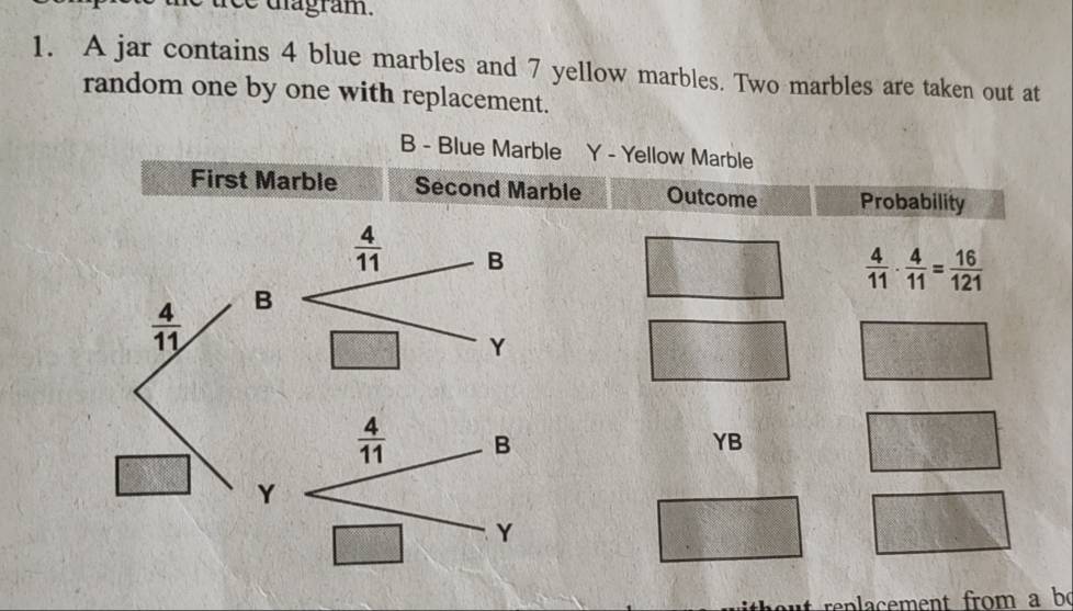 ce dágram.
1. A jar contains 4 blue marbles and 7 yellow marbles. Two marbles are taken out at
random one by one with replacement.
B - Blue Marble Y - Yellow Marble
First Marble Second Marble Outcome Probability
 4/11 ·  4/11 = 16/121 
YB
replacement from a b