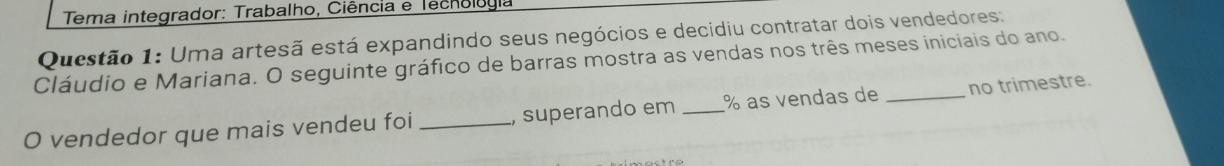 Tema integrador: Trabalho, Ciência e Techologia 
Questão 1: Uma artesã está expandindo seus negócios e decidiu contratar dois vendedores: 
Cláudio e Mariana. O seguinte gráfico de barras mostra as vendas nos três meses iniciais do ano. 
O vendedor que mais vendeu foi _superando em _ % as vendas de _no trimestre.