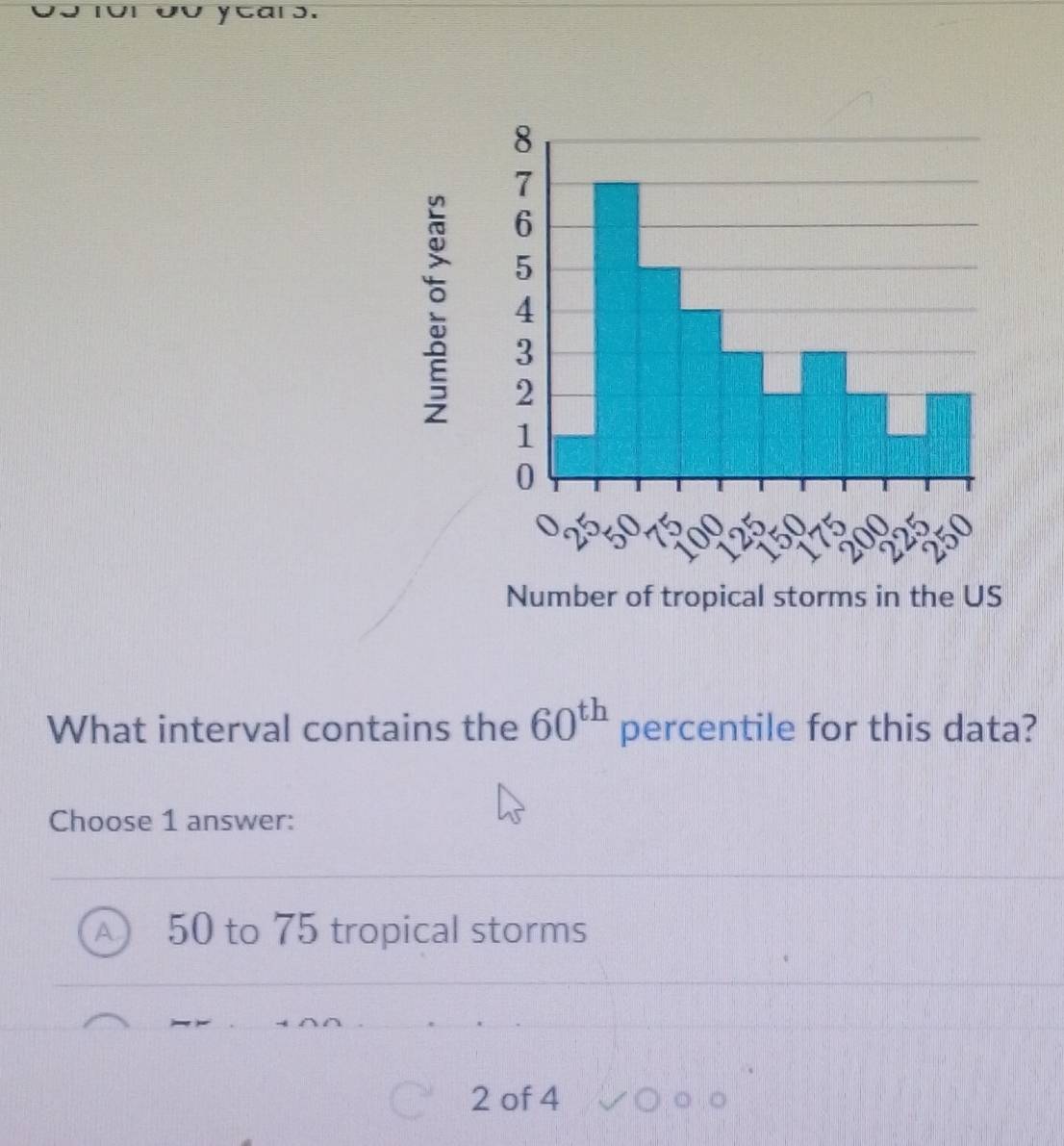 ycars.
What interval contains the 60^(th) percentile for this data?
Choose 1 answer:
A 50 to 75 tropical storms
2 of 4