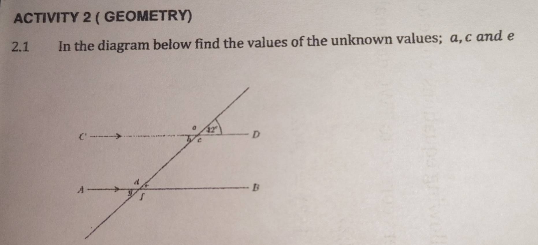 ACTIVITY 2 ( GEOMETRY)
2.1 In the diagram below find the values of the unknown values; a, c and e