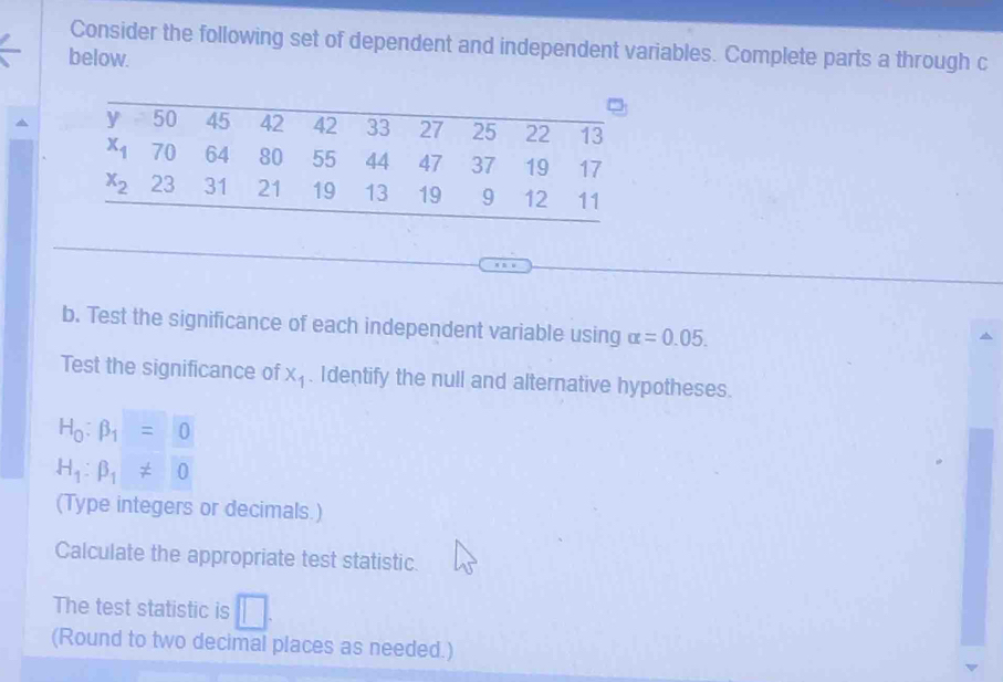 Consider the following set of dependent and independent variables. Complete parts a through c
below.
b. Test the significance of each independent variable using alpha =0.05.
Test the significance of x_1. Identify the null and alternative hypotheses.
H_0:beta _1=0
H_1:beta _1!= 0
(Type integers or decimals.)
Calculate the appropriate test statistic.
The test statistic is □ .
(Round to two decimal places as needed.)