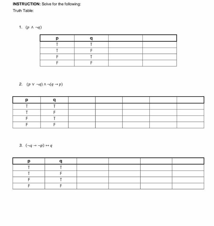 INSTRUCTION: Solve for the following: 
Truth Table: 
1. (pwedge neg q)
2. (pvee neg q)wedge neg (qto p)
3. (neg qto neg p)rightarrow q