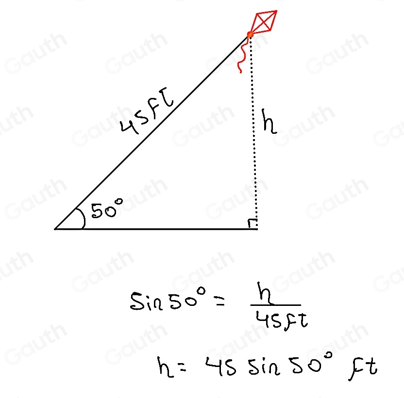 Solved: A child is flying a kite with a 45-ft string at an angle of ...