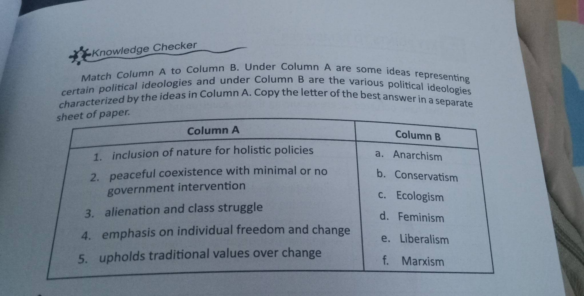 Knowledge Checker 
Match Column A to Column B. Under Column A are some ideas representing 
certain political ideologies and under Column B are the various political ideologies 
characterized by the ideas in Column A. Copy the letter of the best answer in a separate