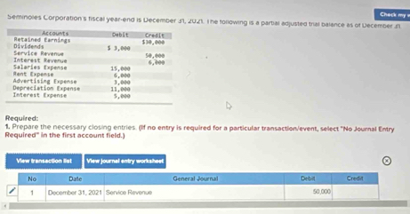 Check my v 
Seminoles Corporation's fiscal year-end is December 31, 2021. I he following is a partial adjusted tral balance as of December 31 
Required: 
1, Prepare the necessary closing entries. (If no entry is required for a particular transaction/event, select "No Journal Entry 
Required" in the first account field.) 
View transaction list Vew journal entry workshee 
No Dale General Journal Debit Credit 
1 December 31, 2021 Service Revenue 50,000