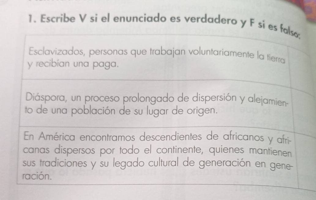 Escribe V si el enunciado es verdadero y F si es falso: 
Esclavizados, personas que trabajan voluntariamente la tierra 
y recibían una paga. 
Diáspora, un proceso prolongado de dispersión y alejamien 
to de una población de su lugar de origen. 
En América encontramos descendientes de africanos y afri- 
canas dispersos por todo el continente, quienes mantienen 
sus tradiciones y su legado cultural de generación en gene- 
ración.