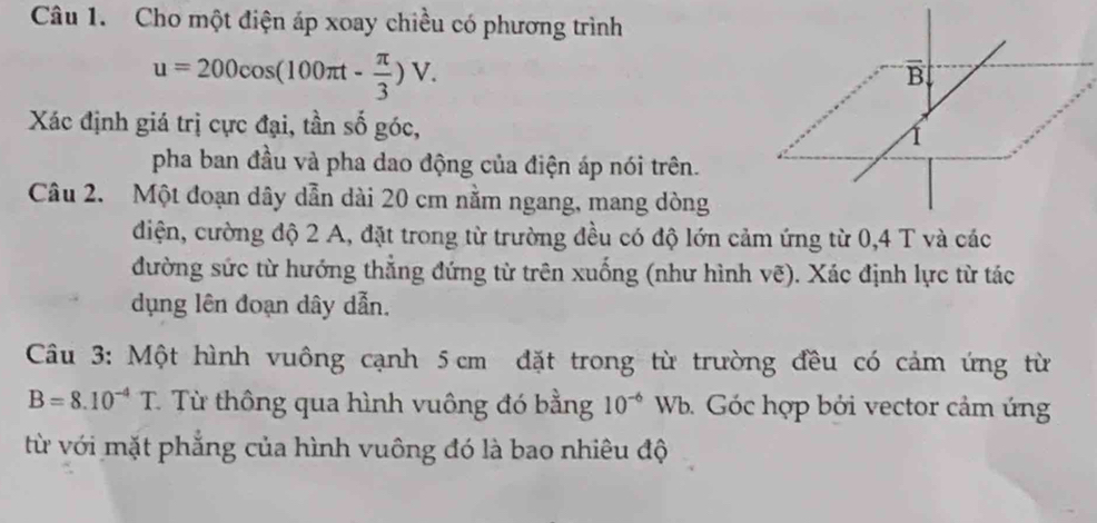 Cho một điện áp xoay chiều có phương trình
u=200cos (100π t- π /3 )V.
Xác định giá trị cực đại, tần số góc,
pha ban đầu và pha dao động của điện áp nói trên.
Câu 2. Một đoạn dây dẫn dài 20 cm nằm ngang, mang dòng
điện, cường độ 2 A, đặt trong từ trường đều có độ lớn cảm ứng từ 0,4 T và các
đường sức từ hướng thẳng đứng từ trên xuống (như hình vẽ). Xác định lực từ tác
dụng lên đoạn dây dẫn.
Câu 3: Một hình vuông cạnh 5 cm đặt trong từ trường đều có cảm ứng từ
B=8.10^(-4)T *  Từ thông qua hình vuông đó bằng 10^(-6)W Vb. Góc hợp bởi vector cảm ứng
từ với mặt phẳng của hình vuông đó là bao nhiêu độ