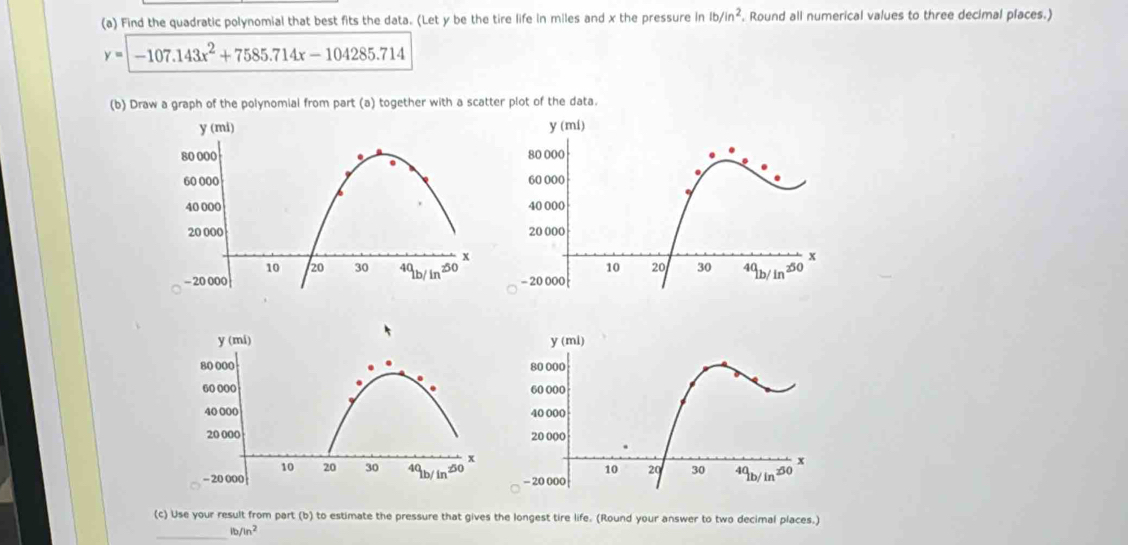 Find the quadratic polynomial that best fits the data. (Let y be the tire life in miles and x the pressure in lb/in^2 Round all numerical values to three decimal places.)
y=|-107.143x^2+7585.714x-104285.714
(b) Draw a graph of the polynomial from part (a) together with a scatter plot of the data.

y(mi)
80 000 
60 000 
.
40 000 
20 000 
+
10 20 30^(40)_lb/in=^50
- 20 000
(c) Use your result from part (b) to estimate the pressure that gives the longest tire life. (Round your answer to two decimal places.)
_
b/ln^2