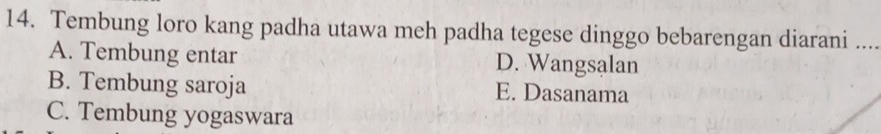 Tembung loro kang padha utawa meh padha tegese dinggo bebarengan diarani_
A. Tembung entar D. Wangsalan
B. Tembung saroja E. Dasanama
C. Tembung yogaswara