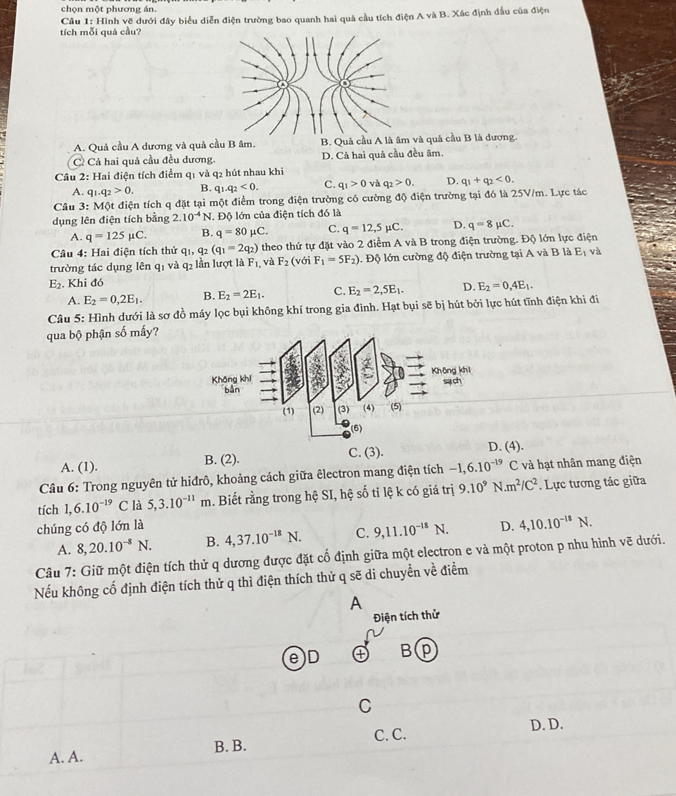 chọn một phương án.
Câu 1: Hình vẽ dưới đây biểu diễn điện trường bao quanh hai quả cầu tích điện A và B. Xác định dấu của điện
tích mỗi quả cầu?
A. Quả cầu A dương và quả cầu B âm. B. Quả cầu A là âm và quả cầu B là dương.
C. Cả hai quả cầu đều dương. D. Cả hai quả cầu đều âm.
Câu 2: Hai điện tích điểm q1 và q2 hút nhau khi
A. q_1.q_2>0. B. q_1.q_2<0. C. q_1>0 và q_2>0. D. q_1+q_2<0.
Câu 3: Một điện tích q đặt tại một điểm trong điện trường có cường độ điện trường tại đó là 25V/m. Lực tác
dụng lên điện tích bằng 2.10^(-4)N. Độ lớn của điện tích đó là
A. q=125mu C. B. q=80mu C. C. q=12,5mu C. D. q=8mu C.
Câu 4: Hai điện tích thử q_1,q_2(q_1=2q_2) theo thứ tự đặt vào 2 điểm A và B trong điện trường. Độ lớn lực điện
trường tác dụng lên q1 và q2 lần lượt là F_1 và F_2( với F_1=5F_2) 1. Độ lớn cường độ điện trường tại A và B là E_1 và
E_2. Khi đó
A. E_2=0,2E_1. B. E_2=2E_1. C. E_2=2,5E_1. D. E_2=0,4E_1.
Câu 5: Hình dưới là sơ đồ máy lọc bụi không khí trong gia đình. Hạt bụi sẽ bị hút bởi lực hút tĩnh điện khi đi
qua bộ phận số mấy?
A. (1). B. (2). C. (3).
. (4).
Câu 6: Trong nguyên tử hiđrô, khoảng cách giữa êlectron mang điện tích -1,6.10^(-19) C và hạt nhân mang điện
tích 1,6.10^(-19) C là 5,3.10^(-11)m. Biết rằng trong hệ SI, hệ số ti lệ k có giá trị 9.10^9 N. m^2/C^2 Lực tương tác giữa
chúng có độ lớn là D. 4,10.10^(-18)N.
A. 8,20.10^(-8)N. B. 4,37.10^(-18)N. C. 9,11.10^(-18)N.
Câu 7: Giữ một điện tích thử q dương được đặt cố định giữa một electron e và một proton p nhu hình vẽ dưới.
Nếu không cố định điện tích thử q thì điện thích thử q sẽ di chuyển về điểm
A
Điện tích thử
e)D B p
C
C. C. D. D.
B. B.
A. A.