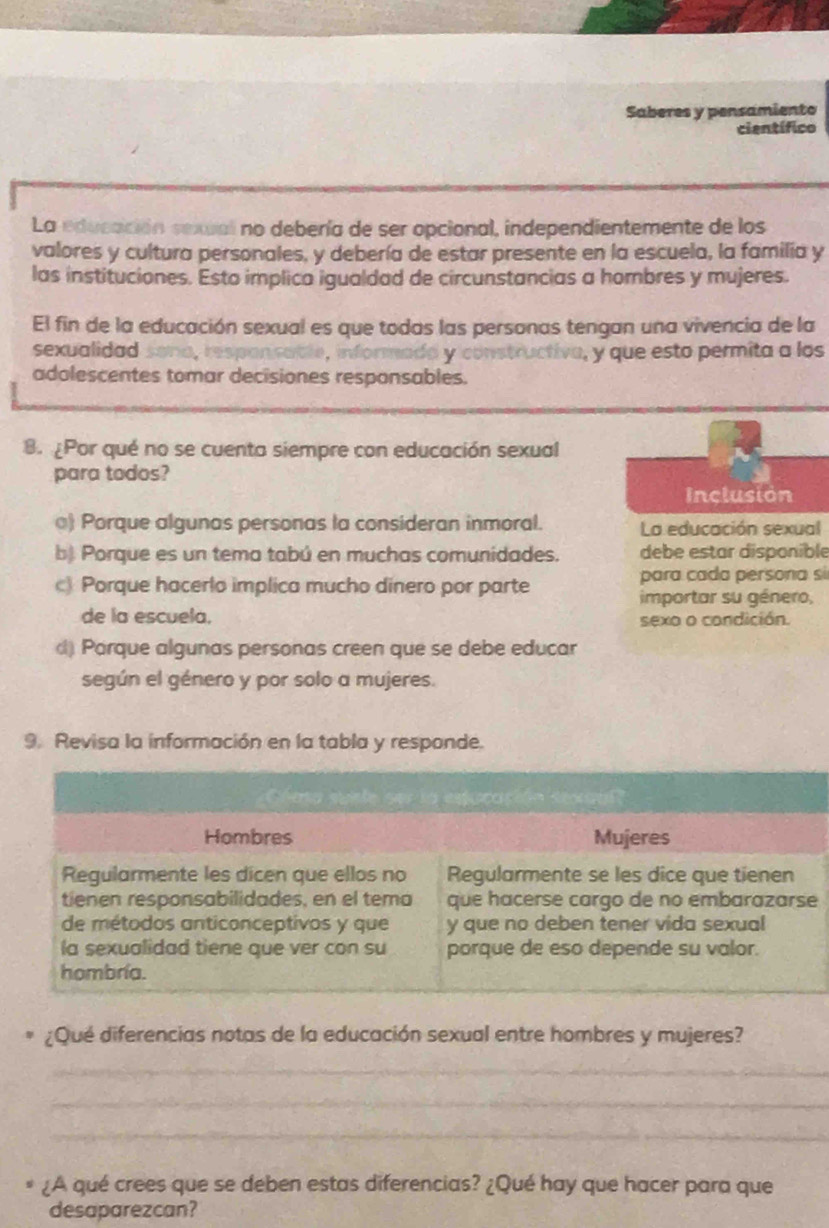 Saberes y pensamiento
científico
La educación sexual no debería de ser opcional, independientemente de los
valores y cultura personales, y debería de estar presente en la escuela, la familia y
las instituciones. Esto implica igualdad de circunstancias a hombres y mujeres.
El fin de la educación sexual es que todas las personas tengan una vivencia de la
sexualidad sona, respansable, informado y constructiva, y que esto permita a los
adolescentes tomar decisiones responsables.
8. ¿Por qué no se cuenta siempre con educación sexual
para todos?
Inclusión
) Porque algunas personas la consideran inmoral. La educación sexual
b) Porque es un tema tabú en muchas comunidades. debe estar disponible
c) Porque hacerlo implica mucho dinero por parte
para cada persona si
importar su género,
de la escuela. sexo o condición.
() Parque algunas personas creen que se debe educar
según el género y por solo a mujeres.
9. Revisa la información en la tabla y responde.
¿Qué diferencias notas de la educación sexual entre hombres y mujeres?
_
_
_
¿A qué crees que se deben estas diferencias? ¿Qué hay que hacer para que
desaparezcan?