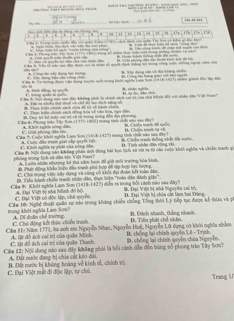 od a b t cia   l   Kiêm tra thuờng xuyên - Năm học 2024 - 2025
Trường thịt hoàng hoa thám  Môn L ịch sự - RhOi lOp 1  
Thời gian làm bài : 13 Phút,
. ,e
Họ tên _Số báo danh :_ Ma đề 003
A. Nghi bình, lửa địch vào trận địa mai phục. B. Triệt để thực hiện kể sách ''công tâm
C. Thực hiện kể sách ''vườn không nhà trồng'', D. Tần công trước để chặn thể mạnh của địch.
Ciu 2: Phong trào Tây Sơn (1771-1 802) bùng nổ nhằm thực hiện một trong những nhiệm vụ nào?
A. Giải quyết mâu thuẫn giai cấp. B. Hoàn thành thống nhất đất nước.
C. Bảo vệ quyển lợi dân chủ của nhân dân. D. Giải phóng dân tộc thoát khỏi ách đô hộ.
Cầu 3: Yếu tổ nào sau đây được coi là nhân tổ quyết định thắng lợi trong công cuộc chồng ngoại xâm của
dân tộc?
A. Công tác xây dựng lực lượng. B. Xây dựng căn cử địa kháng chiến.
C. Xây dựng hậu cản vững chắc. D. Công tác bang giao với bên ngoài.
Câu 4: Tư tưởng được vận dụng xuyên suốt trong khởi nghĩa Lam Sơn (1418-1427) nhằm giành độc lập dân
tộc là B, nhân nghĩa.
A. bình đẳng, tự quyết.
C. trung quân ái quốc. D. tự do, dân chủ.
Cầu S: Nội dung nào sau đây không phải là chính sách cai trị của nhà Minh đối với nhân dân Việt Nam?
A. Đặt ra nhiều thứ thuế và chế độ lao dịch nặng nề.
B. Thực hiện chính sách chia để trị về hành chính.
C. Thực hiện chính sách đồng hóa về văn hóa, ngu dân.
D. Duy trì bộ máy cai trị cũ từ trung ương đến địa phương.
Câu 6: Phong trào Tây Sơn (1771-1802) mang tính chất nào sau đây?
A. Khởi nghĩa nông dân. B. Chiến tranh đế quốc.
C. Giải phóng dân tộc. D. Chiến tranh tự vệ.
Cầu 7: Cuộc khởi nghĩa Lam Sơn (1418-1427) mang tính chất nào sau đây?
A. Cuộc đấu tranh giai cấp quyết liệt. B. Chiến tranh thống nhất đất nước.
C. Khởi nghĩa tự phát của nông dân. D. Tính nhân dân rộng rãi.
Câu 8: Nội dung nào không phản ánh đúng bài học lịch sử rút ra từ các cuộc khởi nghĩa và chiến tranh gi
phóng trong lịch sử dân tộc Việt Nam?
A. Luôn nhân nhượng kẻ thù xâm lược để giữ môi trường hòa bình.
B. Phát động khẩu hiệu đầu tranh phù hợp để tập hợp lực lượng.
C. Chủ trọng việc xây dựng và củng cố khối đại đoàn kết toàn dân.
D. Tiến hành chiến tranh nhân dân, thực hiện “toàn dân đánh giặc”.
Câu 9: Khởi nghĩa Lam Sơn (1418-1427) diễn ra trong bối cảnh nào sau đây?
A. Đại Việt bị nhà Minh đô hộ. B. Đại Việt bị nhà Nguyên cai trị.
C. Đại Việt có độc lập, chủ quyền.  D. Đại Việt bị chia cắt làm hai Đàng.
Câu 10: Nghệ thuật quân sự nào trong kháng chiến chống Tống thời Lý tiếp tục được kế thừa và pí
trong khởi nghĩa Lam Sơn?
A. Dĩ đoãn chế trường. B. Đánh nhanh, thắng nhanh.
C. Chủ động kết thúc chiến tranh. D. Tiên phát chế nhân.
Câu 11: Năm 1771, ba anh em Nguyễn Nhạc, Nguyễn Huệ, Nguyễn Lữ dựng cờ khởi nghĩa nhằm
A. lật đồ ách cai trị của quân Minh.  B. chống lại chính quyền Lê - Trịnh.
C. lật đồ ách cai trị của quân Thanh. D. chống lại chính quyền chúa Nguyễn.
Câu 12: Nội dung nào sau đây không phải là bối cảnh dẫn đến bùng nổ phong trào Tây Sơn?
A. Đất nước đang bị chia cắt kéo dài.
B. Đất nước bị khủng hoảng về kinh tế, chính trị.
C. Đại Việt mất đi độc lập, tự chủ.
Trang 1/