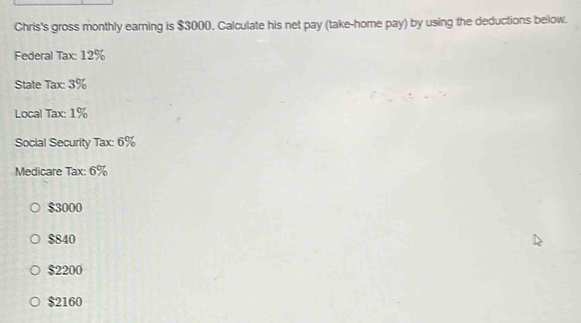 Chris's gross monthly earning is $3000. Calculate his net pay (take-home pay) by using the deductions below.
Federal Tax: 12%
State Tax: 3%
Local Tax: 1%
Social Security Tax: 6%
Medicare Tax: 6%
$3000
$840
$2200
$2160