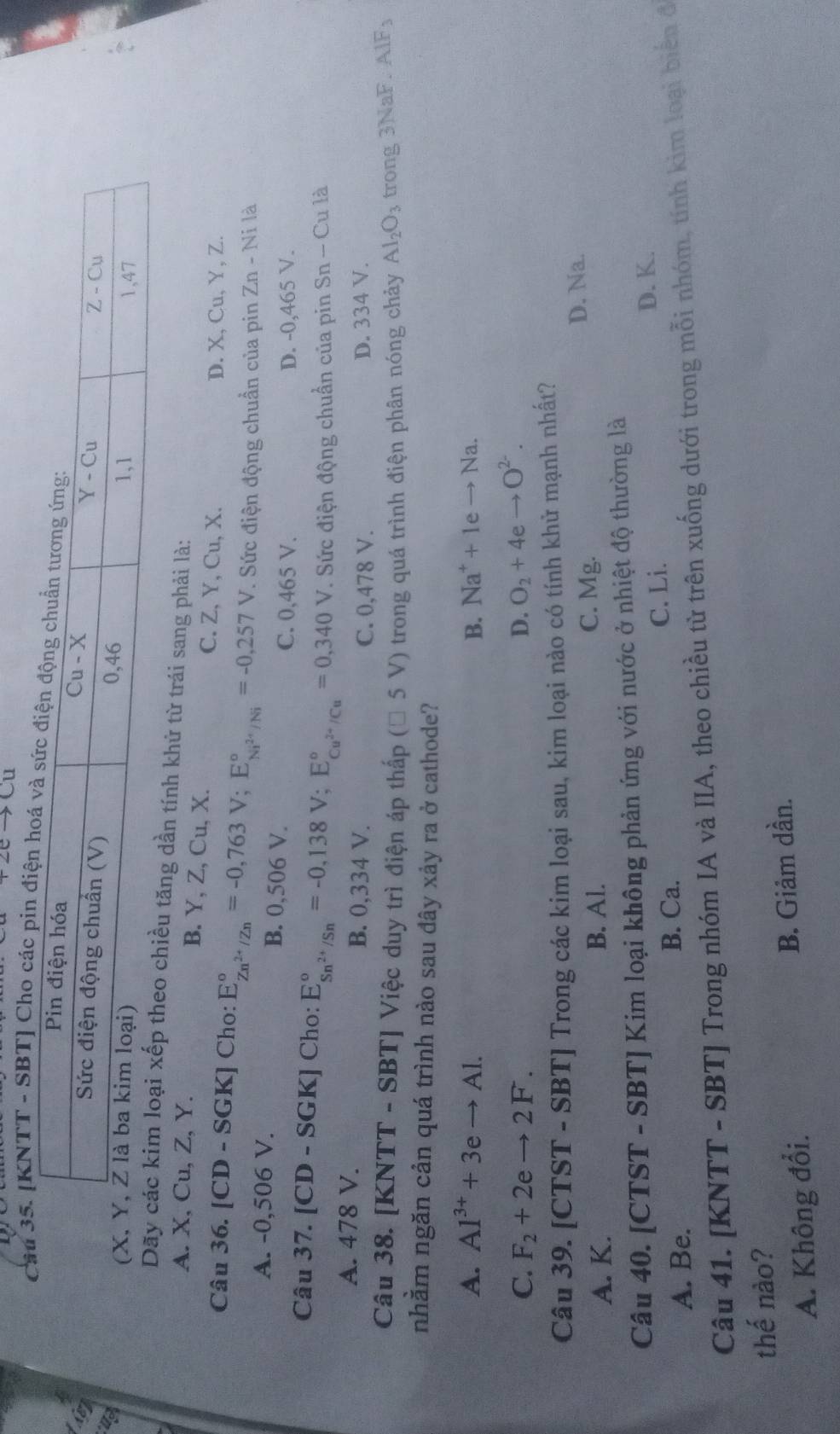 to Cu
C[KNTT - SBT] Cho
Ke
:H
dần tính khử từ trái sang phải là:
A. X, Cu, Z, Y. B. Y, Z, Cu, X. C. Z, Y, Cu, X.
D. X, Cu, Y, Z.
Câu 36. [CD-SGK] ] Cho: E_Zn^(2+)/Zn^circ =-0,763V;E_Ni^(2+)/Ni^circ =-0,257V 7 Sức điện động chuẩn của pin Zn - Ni là
A. -0,506 V. B. 0,506 V.
C. 0,465 V. D. -0,465 V.
Câu 37. [C] D. SGKJ Cho: E_Sn^(2+)/Sn^circ =-0,138V;E_Cu^(2+)/Cu^circ =0,340V. Sức điện động chuẩn của pin Sn - Cu là
A. 478 V. B. 0,334 V.
C. 0,478 V. D. 334 V.
Câu 38. [KNTT - SBT] Việc duy trì điện áp thấp (Đ 5 V) trong quá trình điện phân nóng chảy Al_2O_3 trong 3NaF. AlF₃
nhằm ngăn cản quá trình nào sau đây xảy ra ở cathode?
A. Al^(3+)+3eto Al. B. Na^++1eto Na.
C. F_2+2eto 2F. D. O_2+4eto O^(2-).
Câu 39. [CTST - SBT] Trong các kim loại sau, kim loại nào có tính khử mạnh nhất?
A. K. B. Al. C. Mg. D. Na.
Câu 40. [CTST - SBT] Kim loại không phản ứng với nước ở nhiệt độ thường là
C. Li.
A. Be. B. Ca. D. K.
Câu 41. [KNTT - SBT] Trong nhóm IA và IIA, theo chiều từ trên xuống dưới trong mỗi nhóm, tính kim loại biển đã
thế nào?
A. Không đổi. B. Giảm dần.