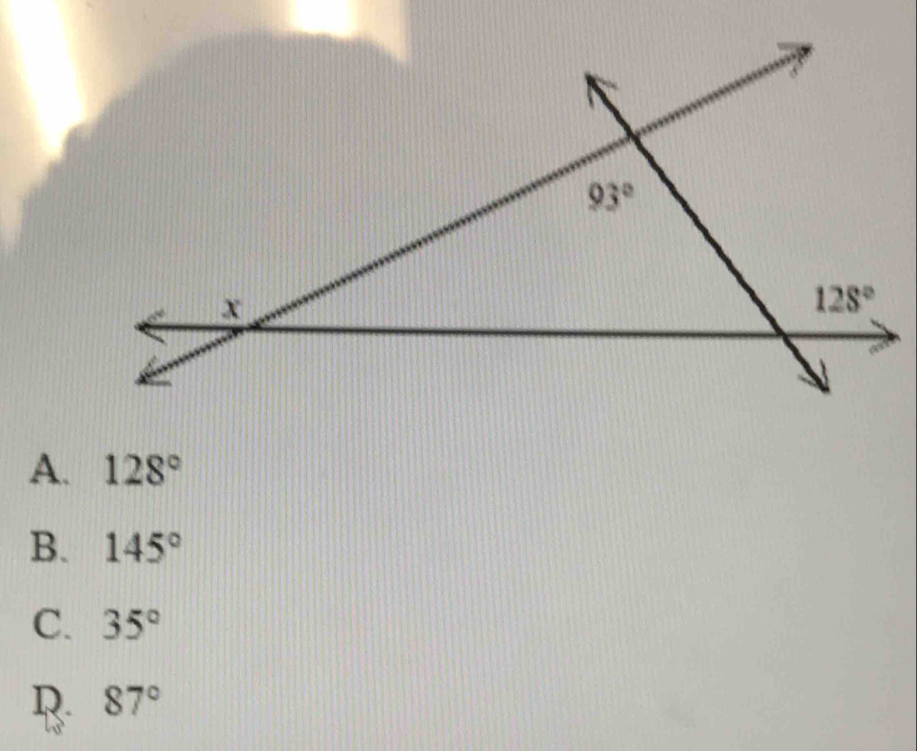 A. 128°
B. 145°
C. 35°
D. 87°