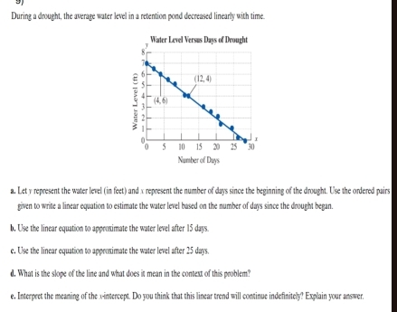 During a drought, the average water level in a retention pond decreased linearly with time.
Number of Days
a. Let y represent the water level (in feet) and x represent the number of days since the beginning of the drought. Use the ordered pairs
given to write a linear equation to estimate the water level based on the number of days since the drought began.
b, Use the linear equation to approximate the water level after 15 days.
e. Use the linear equation to approximate the water level after 25 days.
d. What is the slope of the line and what does it mean in the context of this problem?
e. Interpret the meaning of the x-intercept. Do you think that this linear trend will continue indefinitely? Explain your answer.