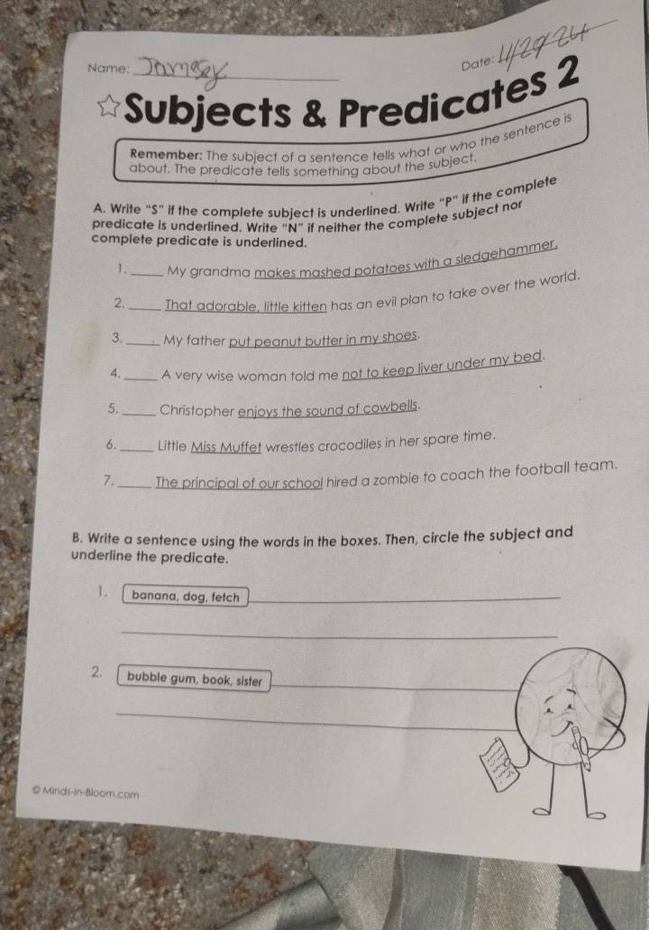 Name: 
Date: 
Subjects & Predicates 2 
Remember: The subject of a sentence tells what or who the sentence is 
about. The predicate tells something about the subject 
A. Write "S” if the complete subject is underlined. Write “ P ” if the complete 
predicate is underlined. Write “N” if neither the complete subject nor 
complete predicate is underlined. 
1. My grandma makes mashed potatoes with a sledgehammer. 
2._ _That adorable, little kitten has an evil plan to take over the world. 
3._ My father put peanut butter in my shoes. 
4. _A very wise woman told me not to keep liver under my bed. 
5._ Christopher enjoys the sound of cowbells. 
6._ Little Miss Muffet wrestles crocodiles in her spare time. 
7._ The principal of our school hired a zombie to coach the football team. 
B. Write a sentence using the words in the boxes. Then, circle the subject and 
underline the predicate. 
1. banana, dog, fetch_ 
_ 
_ 
2. bubble gum, book, sister 
_ 
◎ Minds-in-Bloom.com